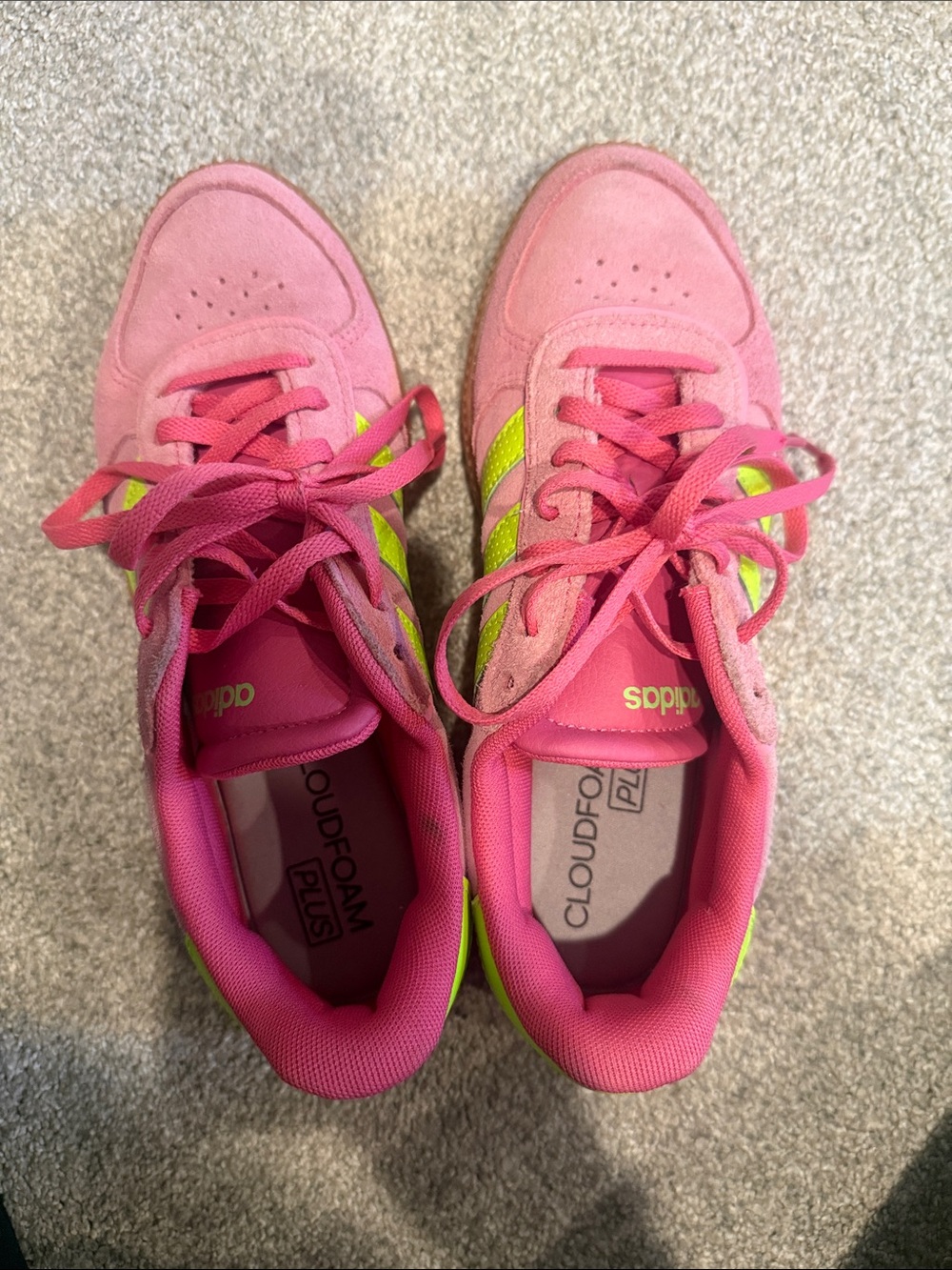 Adidas Pink and Neon Yellow Cloudfoam Sneakers